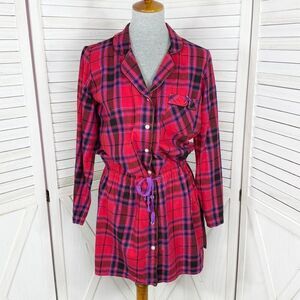 Victoria’s Secret Plaid Flannel Cinch Waist Sleep Nightshirt Red Pink Medium